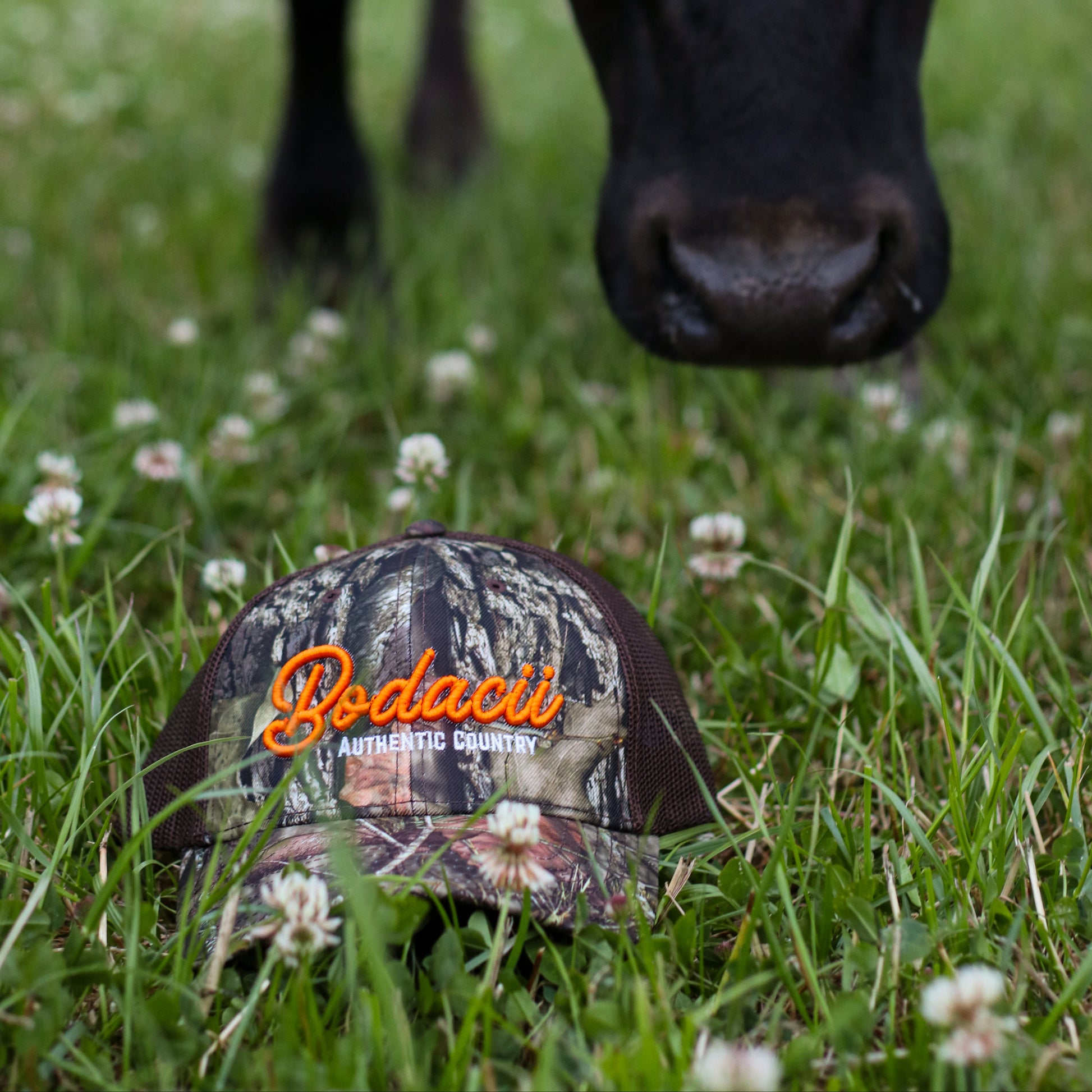 Camouflage western trucker cap with embroidered 'bodacii' authentic country 