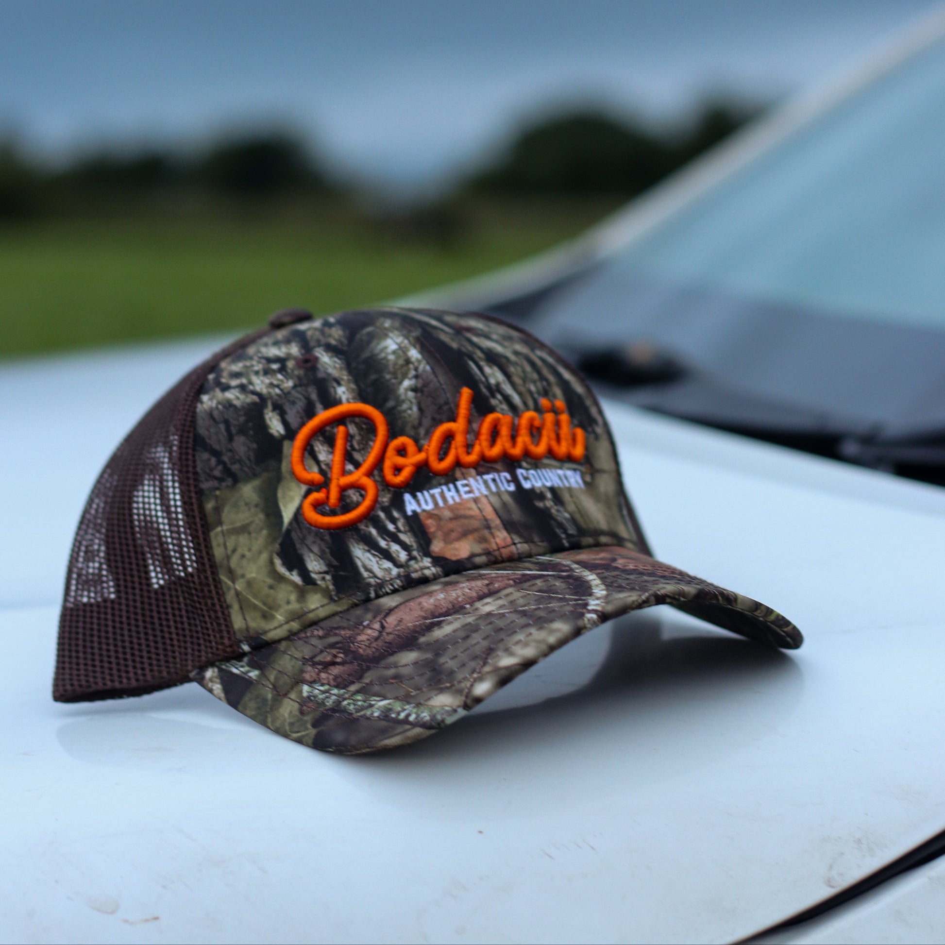 Camouflage western trucker cap with embroidered 'bodacii' authentic country 