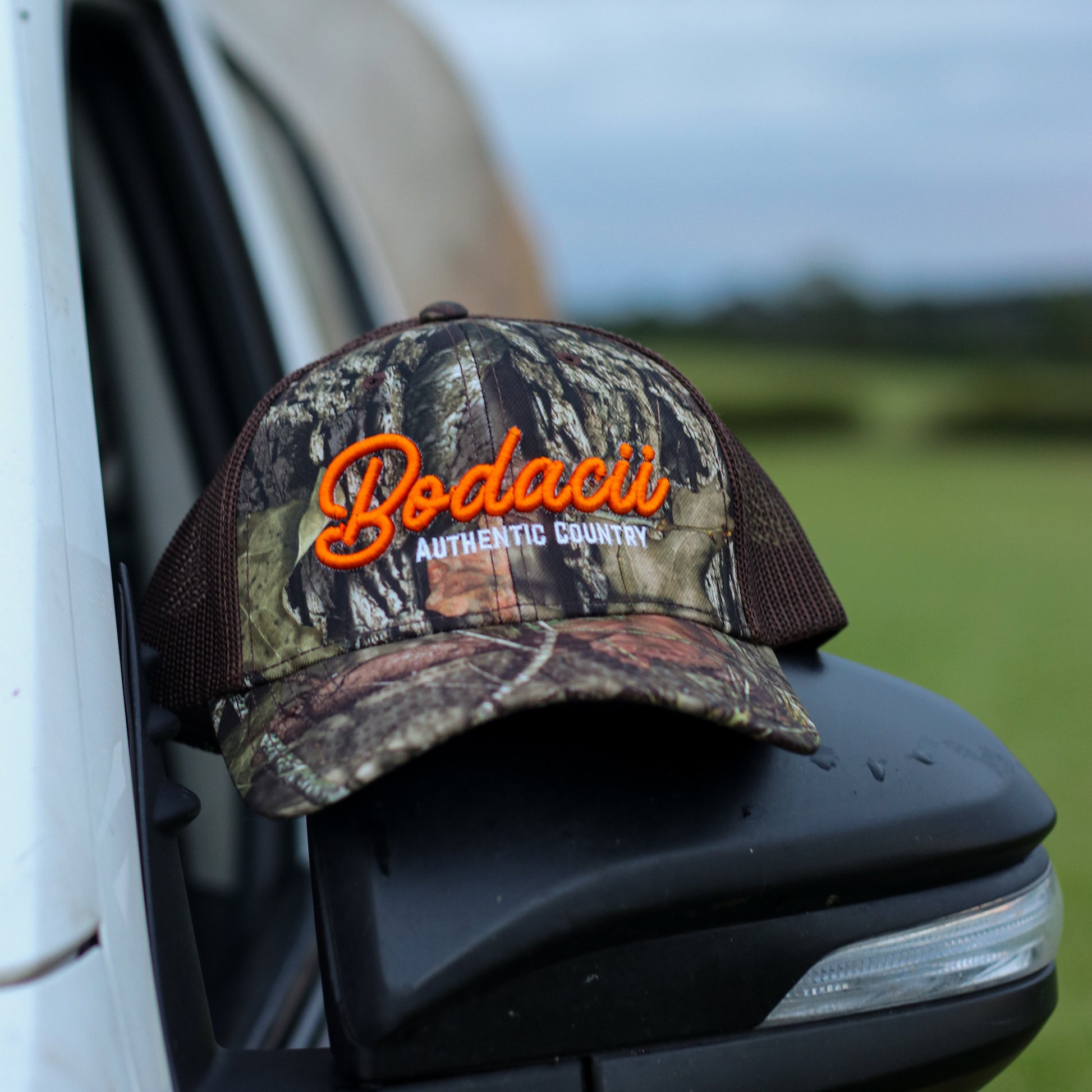 Camouflage western trucker cap with embroidered 'bodacii' authentic country 