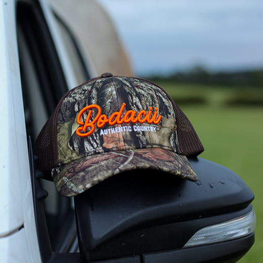 Camouflage western trucker cap with embroidered 'bodacii' authentic country 
