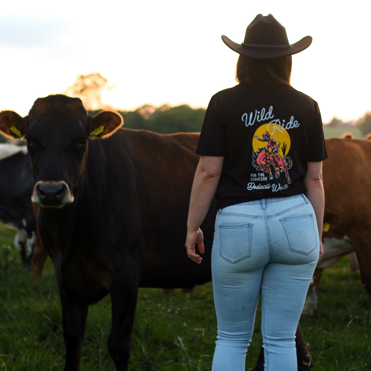 A woman wearing a black graphic t-shirt and a cowboy hat stands with her back to the camera in a grassy field, looking at cows. The back of the t-shirt features a colourful graphic with the text 'Wild Ride' and 'bodacii western